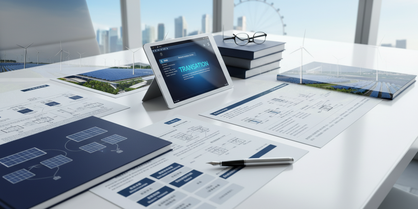 Modern office desk with renewable energy documents, translation software, glasses, and Marina Bay skyline.