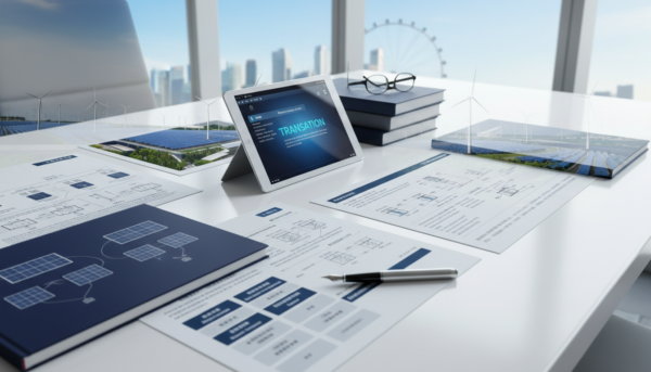 Modern office desk with renewable energy documents, translation software, glasses, and Marina Bay skyline.