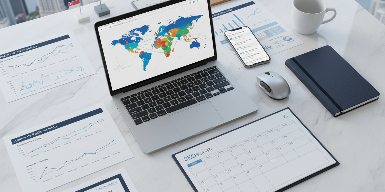 Modern SEO workspace with laptop, analytics, planner, and multilingual elements on marble desk.