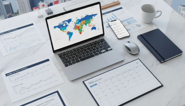 Modern SEO workspace with laptop, analytics, planner, and multilingual elements on marble desk.