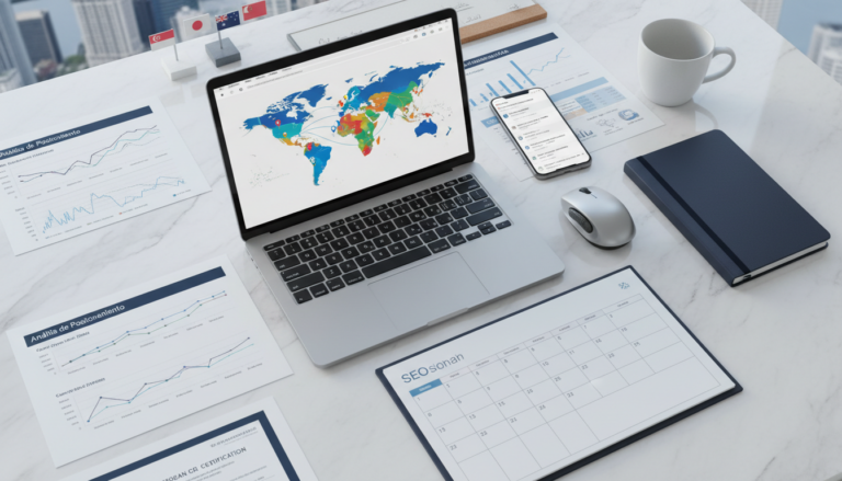 Modern SEO workspace with laptop, analytics, planner, and multilingual elements on marble desk.