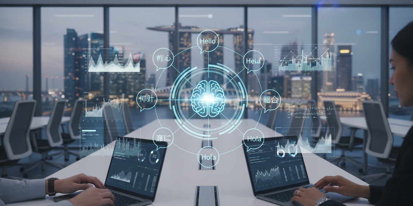 Modern Singapore office with diverse professionals analyzing multilingual chat interface on screens.