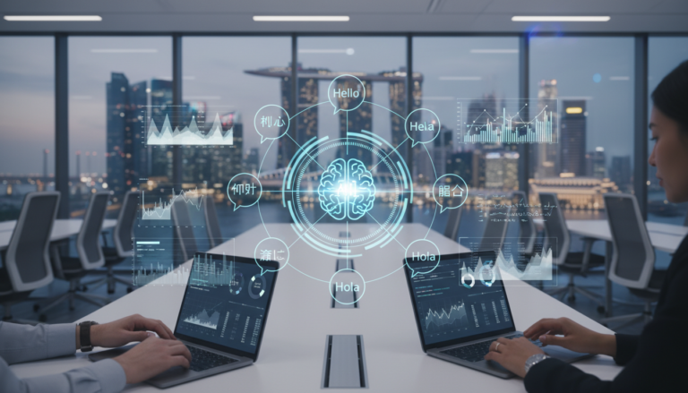 Modern Singapore office with diverse professionals analyzing multilingual chat interface on screens.