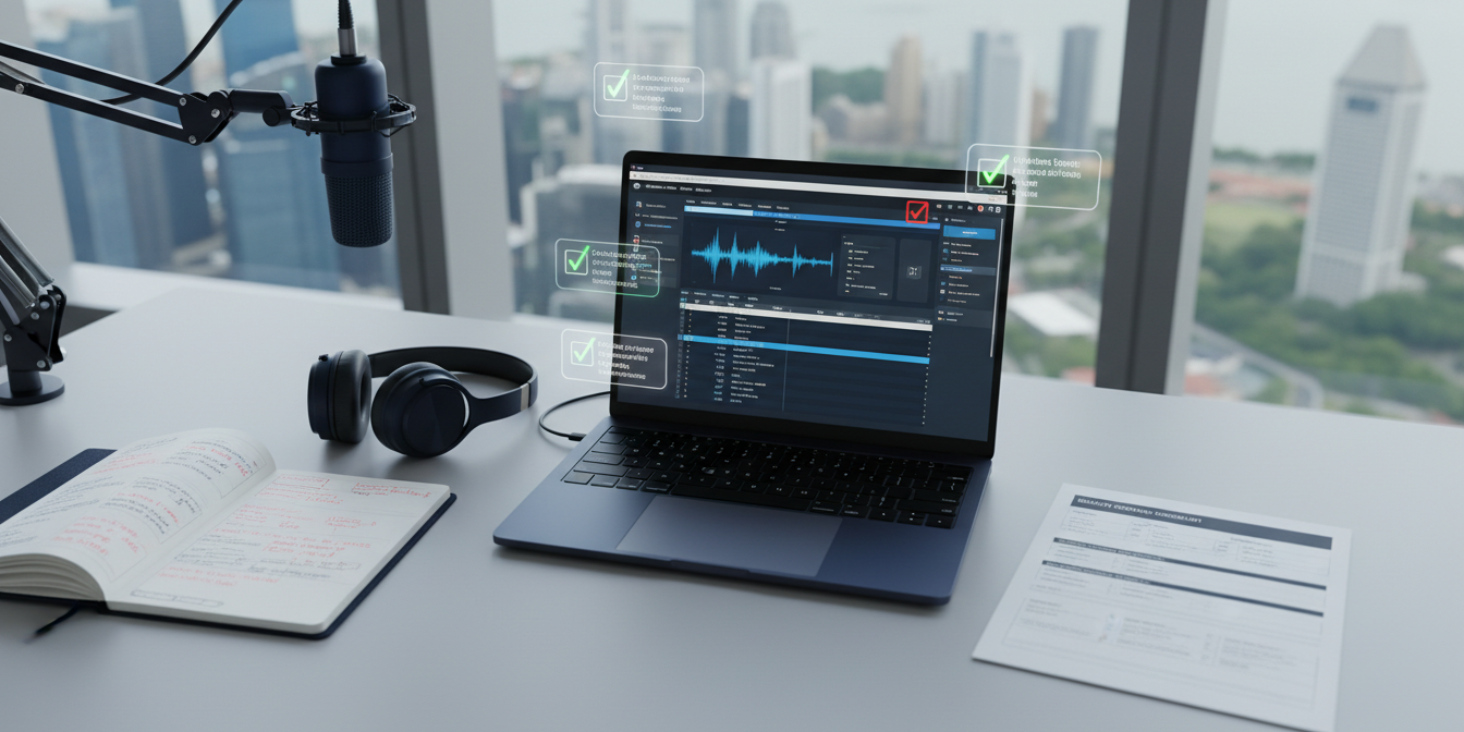 Modern transcription workspace with laptop, microphone, and skyline view.