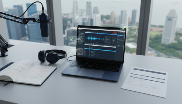 Modern transcription workspace with laptop, microphone, and skyline view.