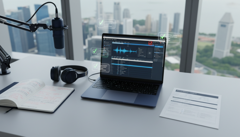 Modern transcription workspace with laptop, microphone, and skyline view.