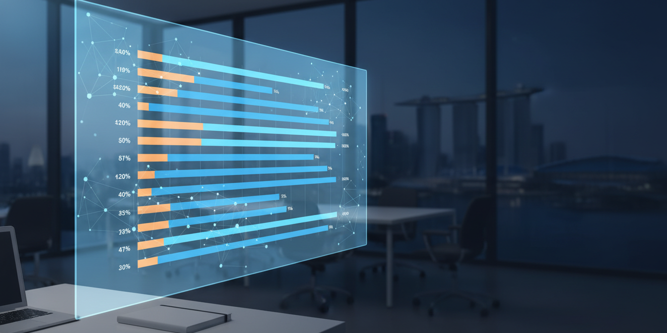 Modern translation workflow interface with CAT tool grid, Singapore office backdrop.