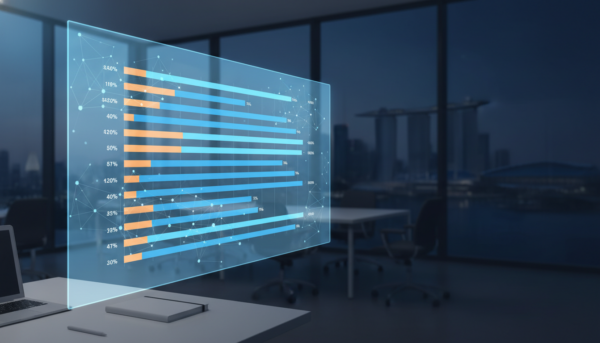 Modern translation workflow interface with CAT tool grid, Singapore office backdrop.