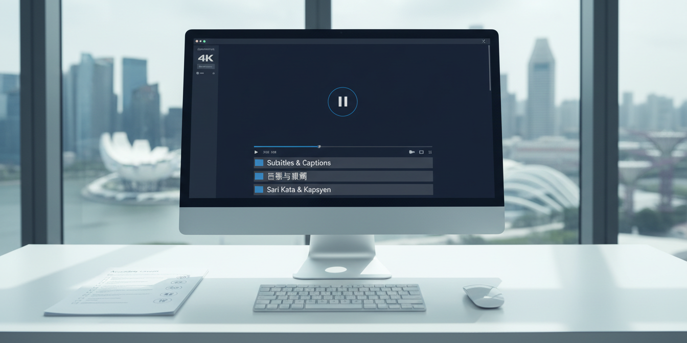 Modern video editing workspace with multilingual captions and Singapore skyline view.