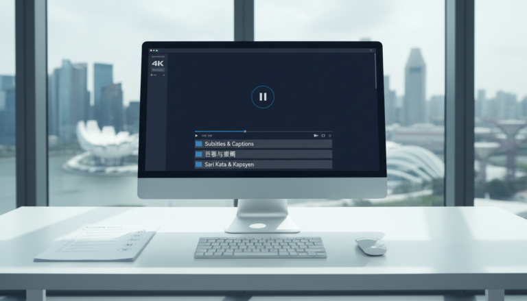 Modern video editing workspace with multilingual captions and Singapore skyline view.