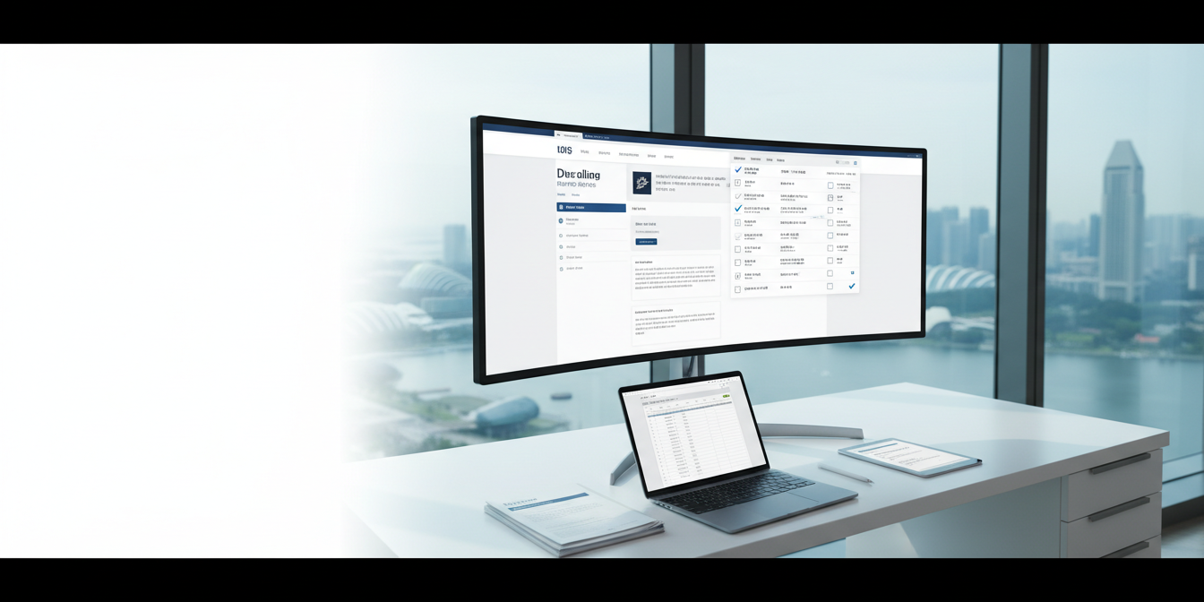 Modern workspace with ultra-wide monitor, split-screen UI, sleek desk, Singapore skyline.