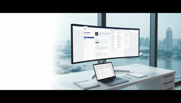 Modern workspace with ultra-wide monitor, split-screen UI, sleek desk, Singapore skyline.