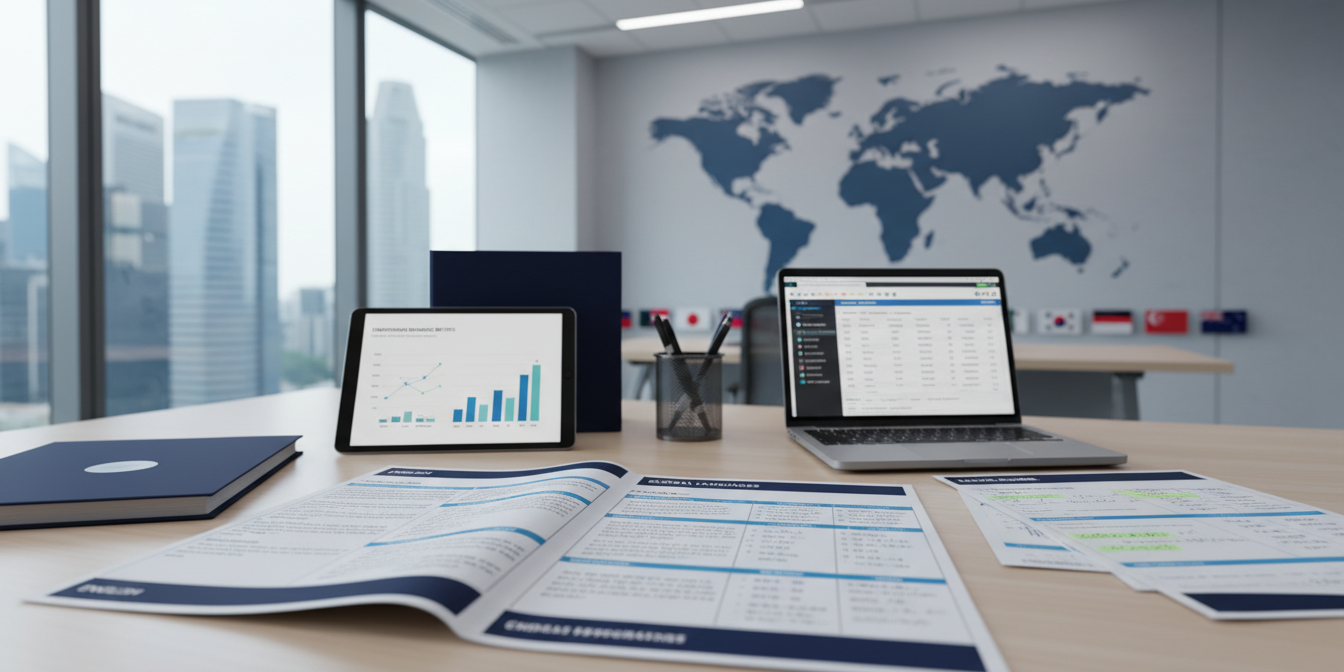 Multilingual ESG report on modern desk with digital tools and global connectivity elements.