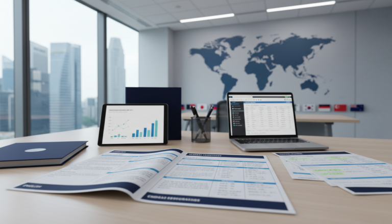 Multilingual ESG report on modern desk with digital tools and global connectivity elements.