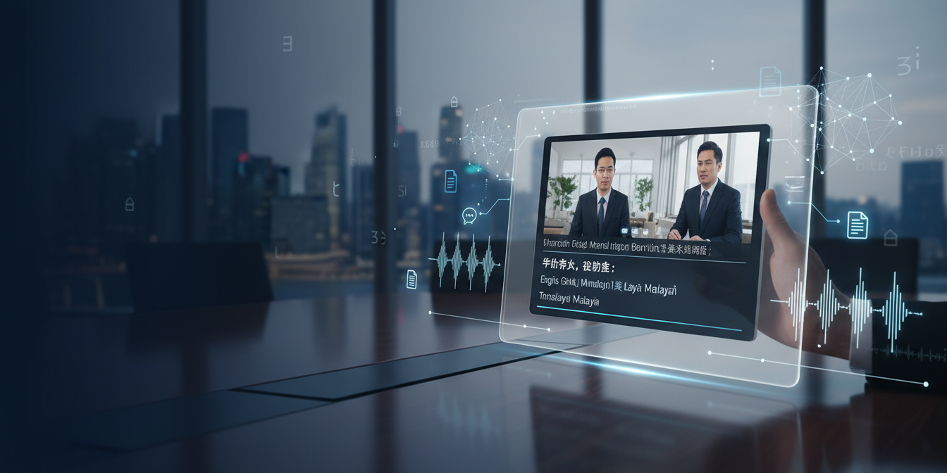 Multimodal AI translation display with text overlays, business video conference, Singapore skyline.