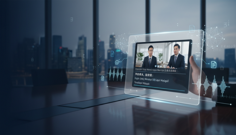 Multimodal AI translation display with text overlays, business video conference, Singapore skyline.