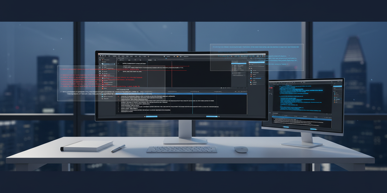 Professional digital workspace with subtitle editing, AI text analysis, and urban skyline view.