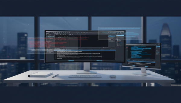 Professional digital workspace with subtitle editing, AI text analysis, and urban skyline view.