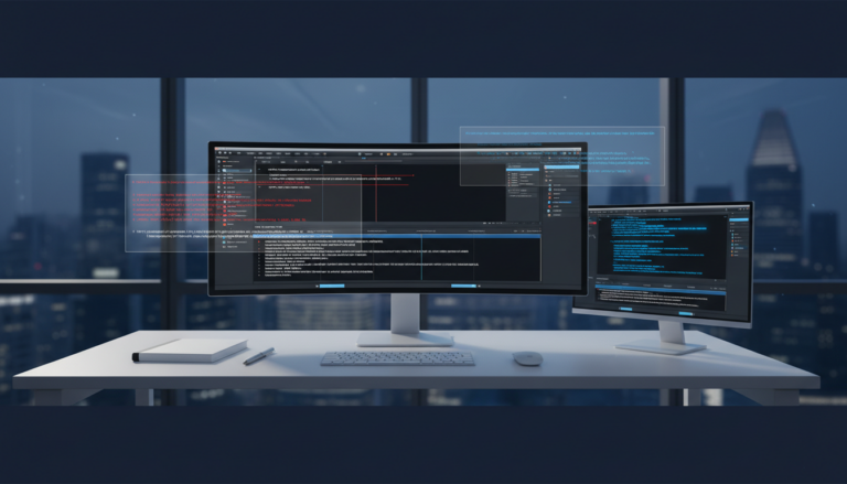 Professional digital workspace with subtitle editing, AI text analysis, and urban skyline view.