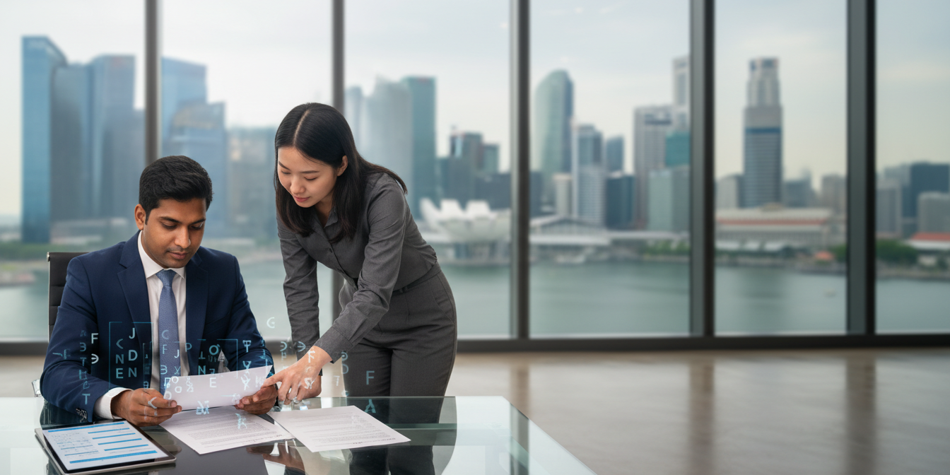 Professional in navy suit reviews KYC documents at glass desk in Singapore bank, with Marina Bay skyline.