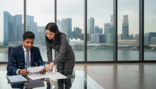 Professional in navy suit reviews KYC documents at glass desk in Singapore bank, with Marina Bay skyline.