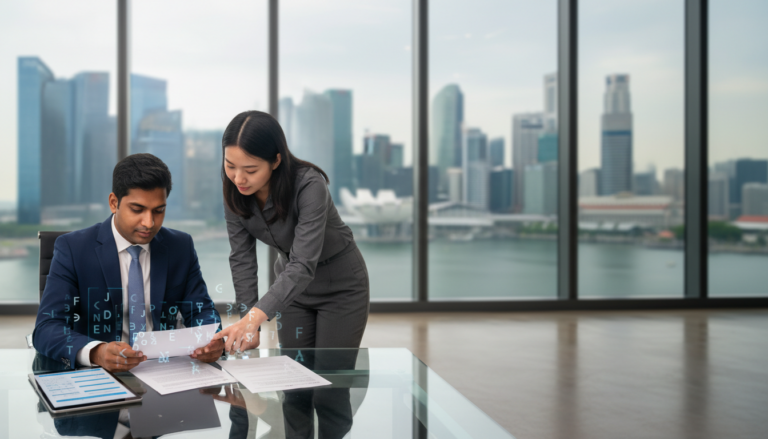 Professional in navy suit reviews KYC documents at glass desk in Singapore bank, with Marina Bay skyline.