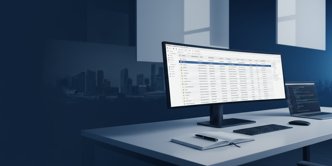 Professional workspace with multilingual software localization interface and city skyline backdrop.