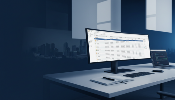 Professional workspace with multilingual software localization interface and city skyline backdrop.