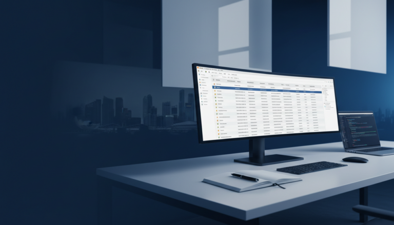 Professional workspace with multilingual software localization interface and city skyline backdrop.