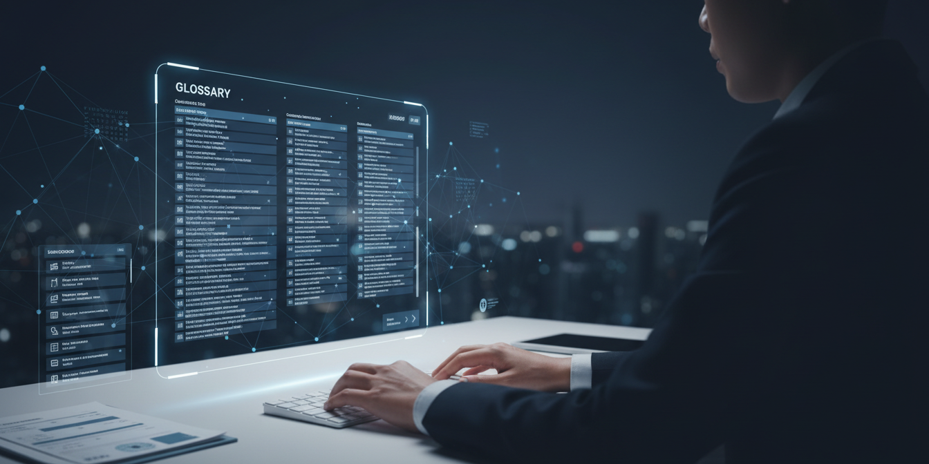 Sleek digital workspace with glowing glossary screen, neural UI, and multilingual elements.