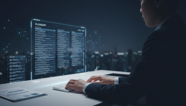 Sleek digital workspace with glowing glossary screen, neural UI, and multilingual elements.