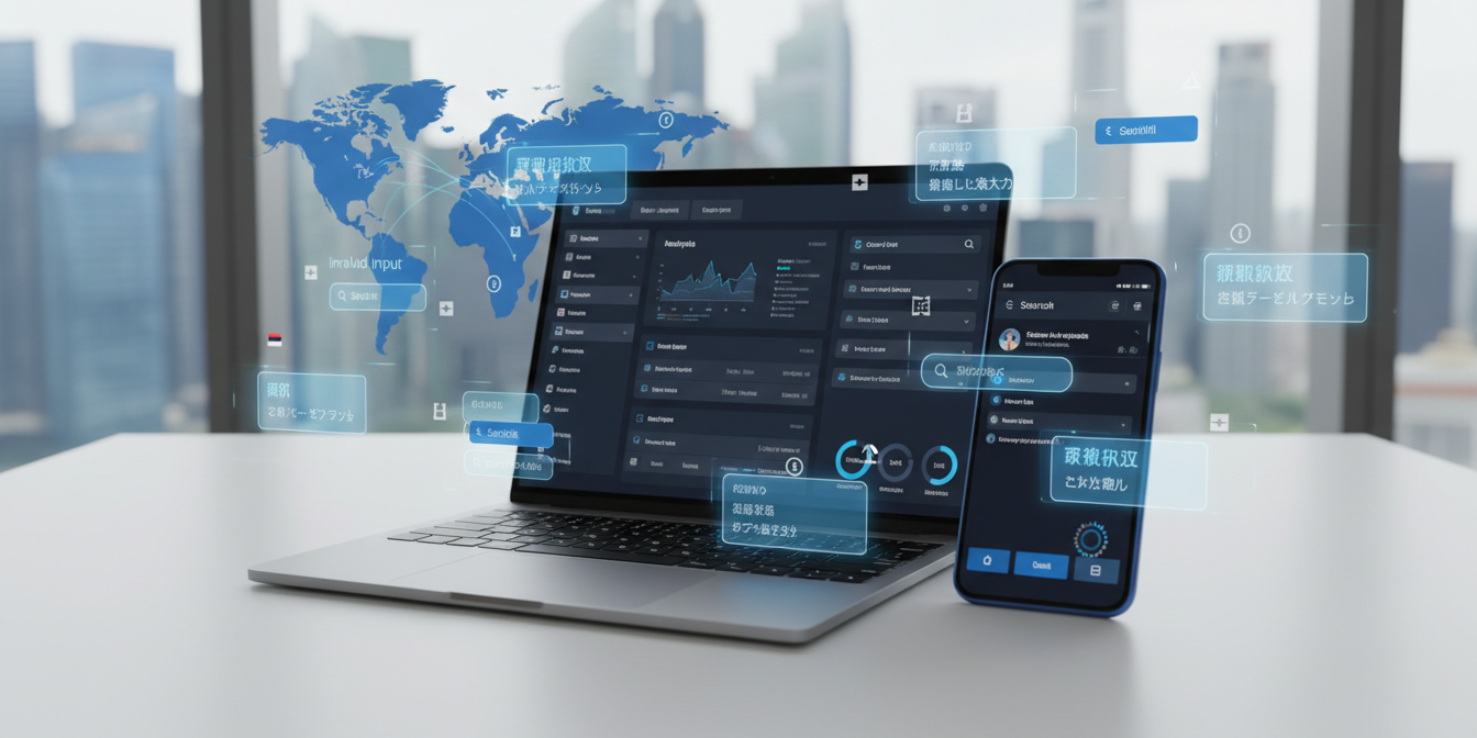 Smartphone and laptop on desk with multilingual UI elements, holographic overlays, and skyline view.