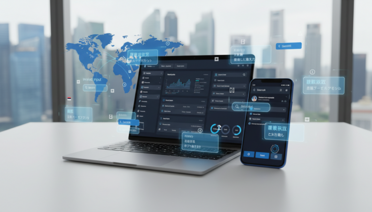 Smartphone and laptop on desk with multilingual UI elements, holographic overlays, and skyline view.