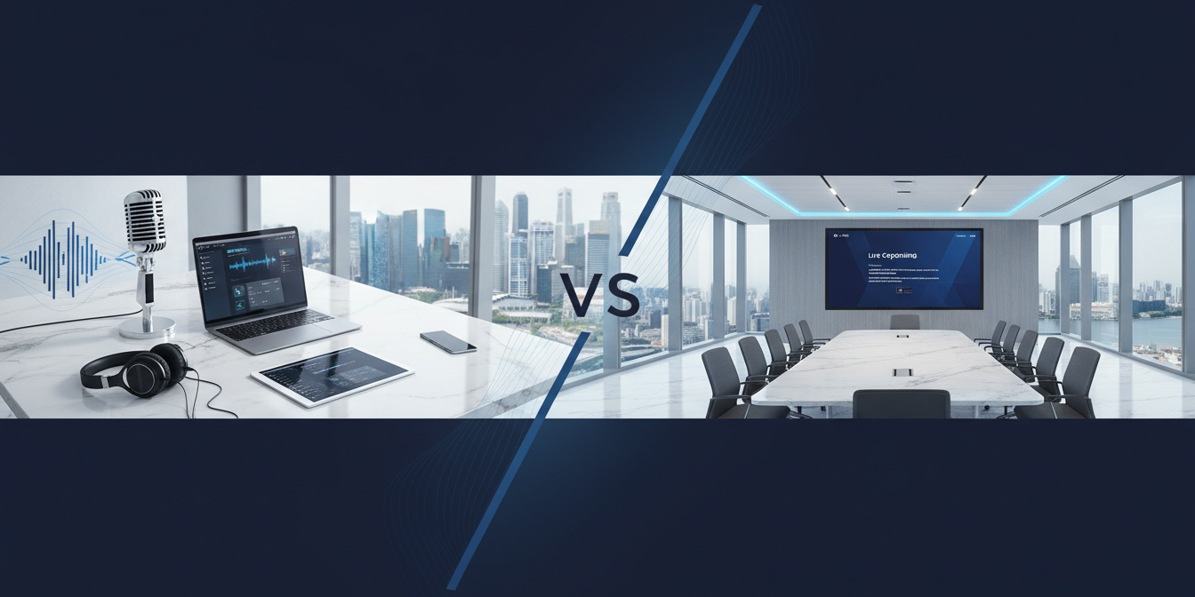 Split-screen of audio transcription and live captioning workflow in a modern corporate setting.