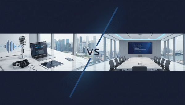 Split-screen of audio transcription and live captioning workflow in a modern corporate setting.