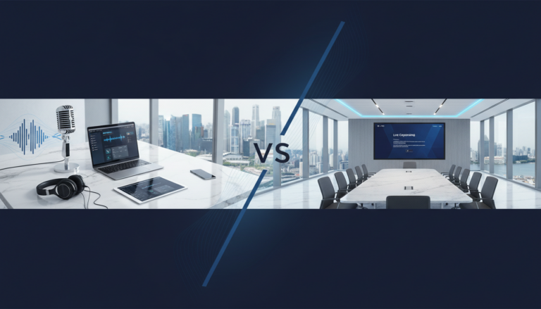 Split-screen of audio transcription and live captioning workflow in a modern corporate setting.