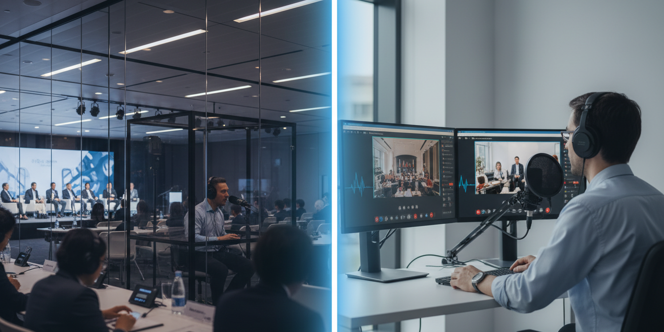 Split-screen of interpreter scenarios: conference hall and remote workstation.
