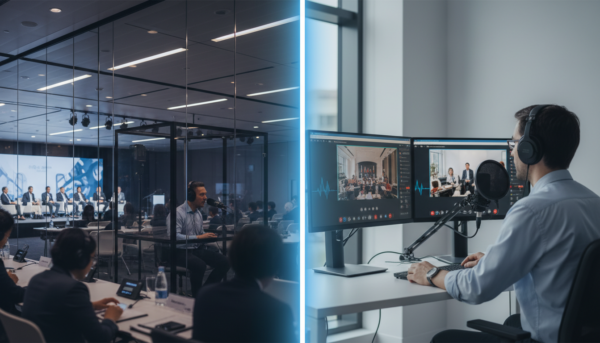 Split-screen of interpreter scenarios: conference hall and remote workstation.