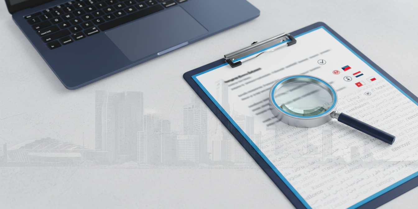 Structured checklist with multilingual text, magnifying glass, laptop; modern review workspace.