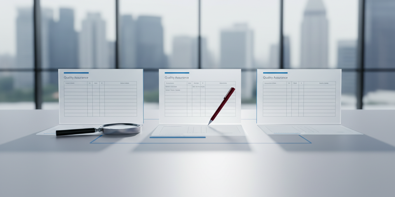 Three minimalist document panels with geometric grids on a grey surface, surrounded by analytical tools, in a corporate office setting.