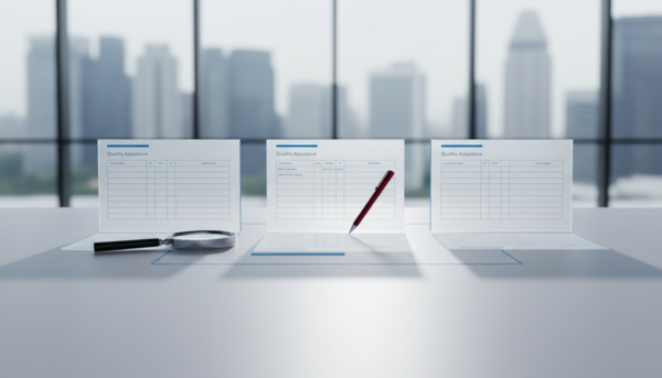 Three minimalist document panels with geometric grids on a grey surface, surrounded by analytical tools, in a corporate office setting.