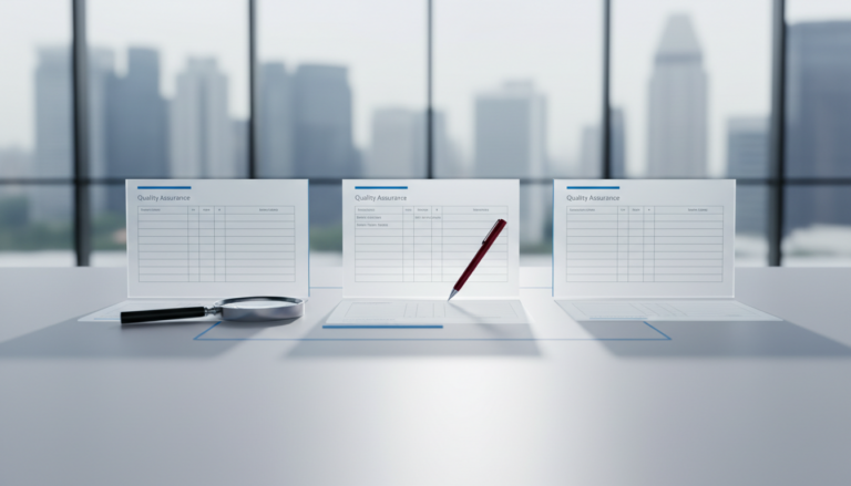 Three minimalist document panels with geometric grids on a grey surface, surrounded by analytical tools, in a corporate office setting.