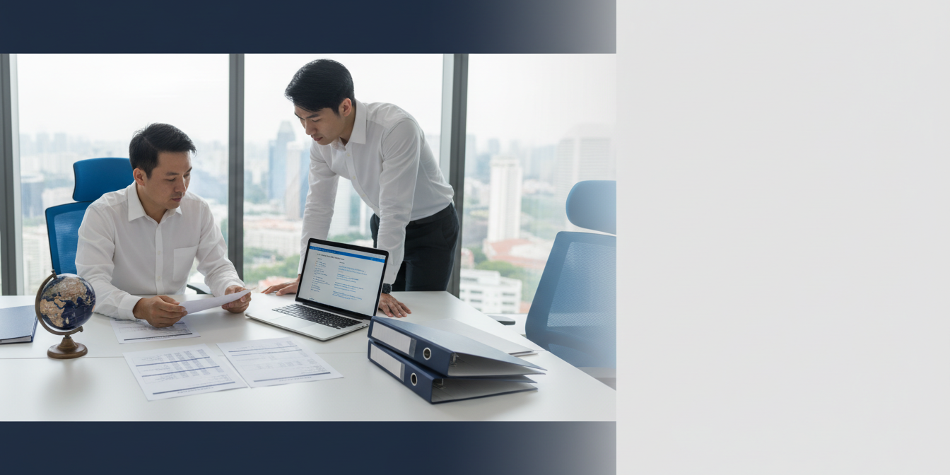 Asian business professional reviews documents in modern office, Singapore skyline blurred in background.