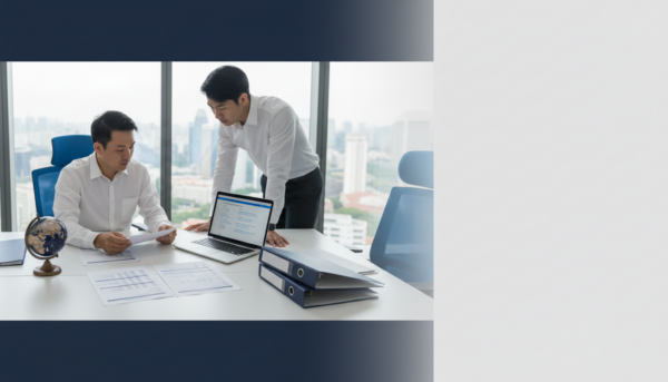 Asian business professional reviews documents in modern office, Singapore skyline blurred in background.