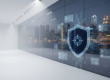 Corporate data shield with glowing circuits in Singapore skyline backdrop.