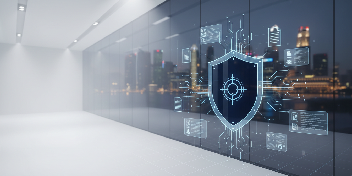 Corporate data shield with glowing circuits in Singapore skyline backdrop.