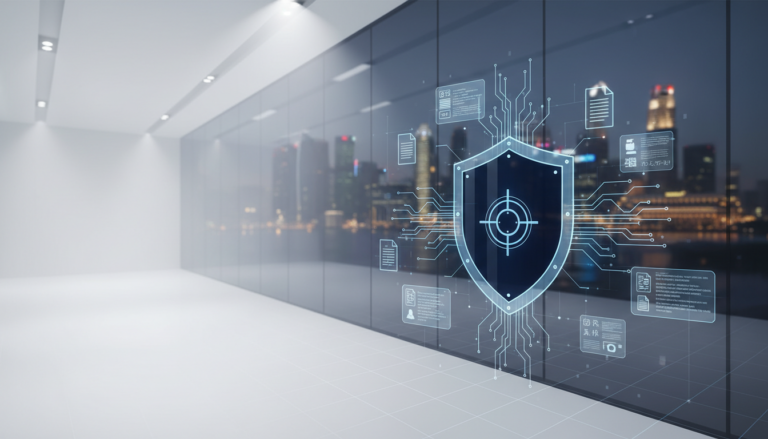 Corporate data shield with glowing circuits in Singapore skyline backdrop.