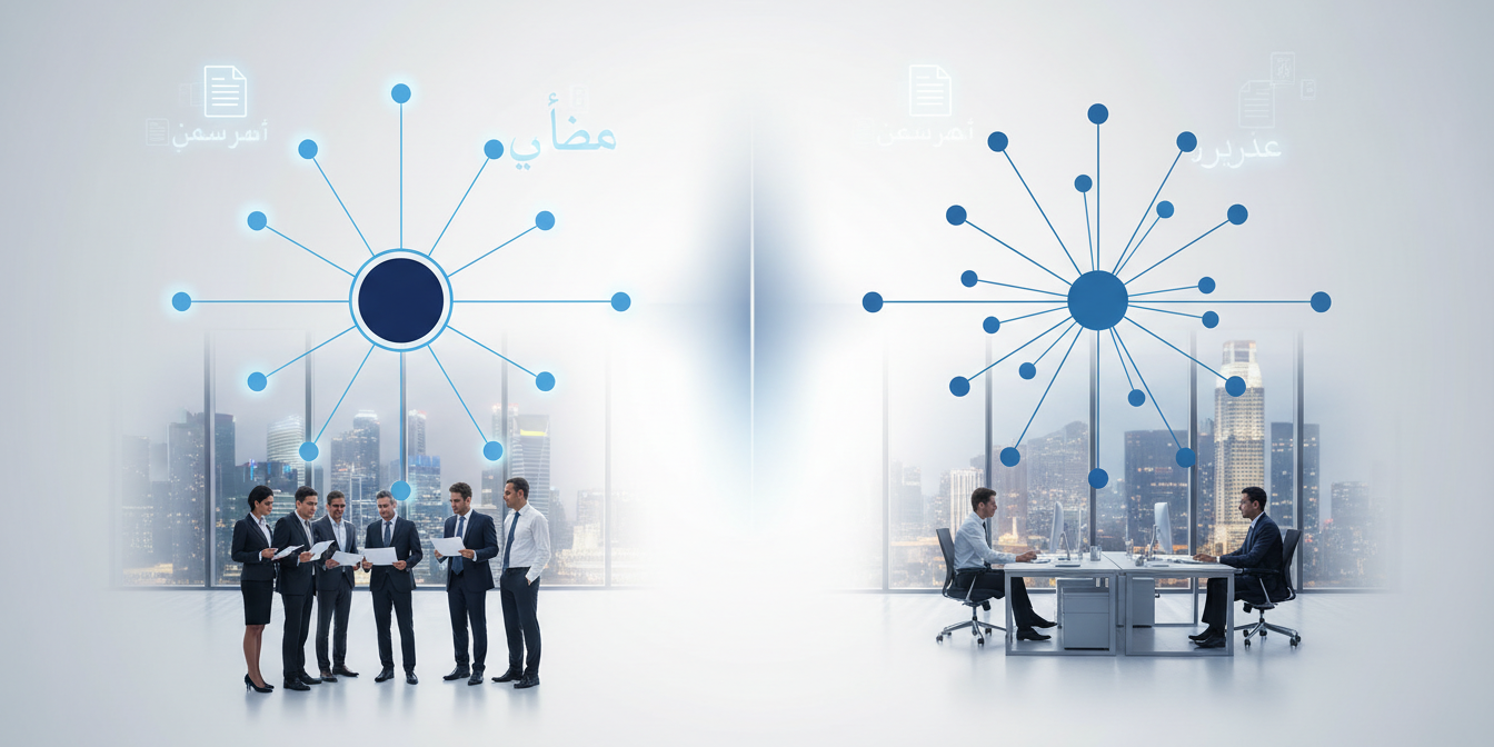 Corporate illustration of contrasting organizational structures: centralized hub and decentralize… Corporate illustration of contrasting organizational structures: centralized hub and decentralized network, with professionals in a sleek glass office.