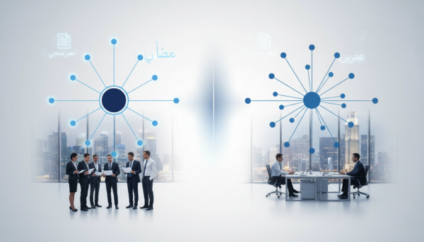 Corporate illustration of contrasting organizational structures: centralized hub and decentralized network, with professionals in a sleek glass office.