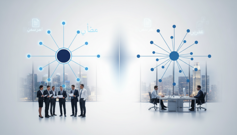 Corporate illustration of contrasting organizational structures: centralized hub and decentralized network, with professionals in a sleek glass office.